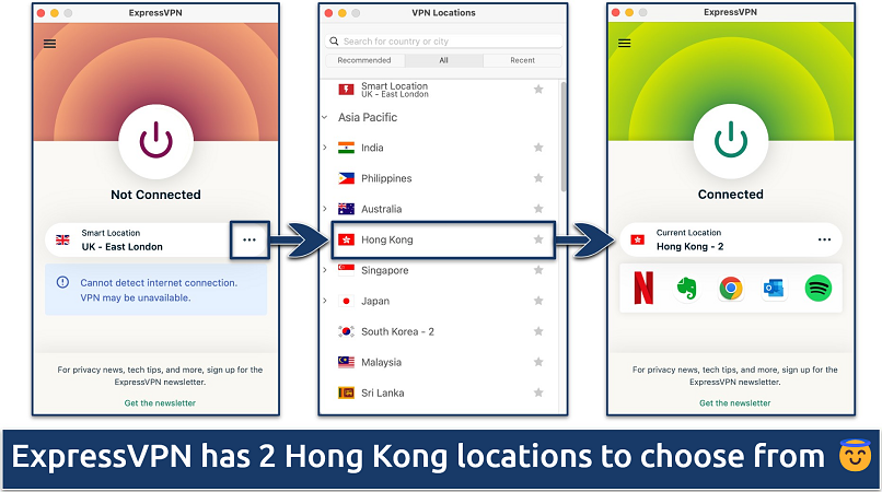 A screenshot showing how to connect to a Hong Kong server with ExpressVPN's Windows app