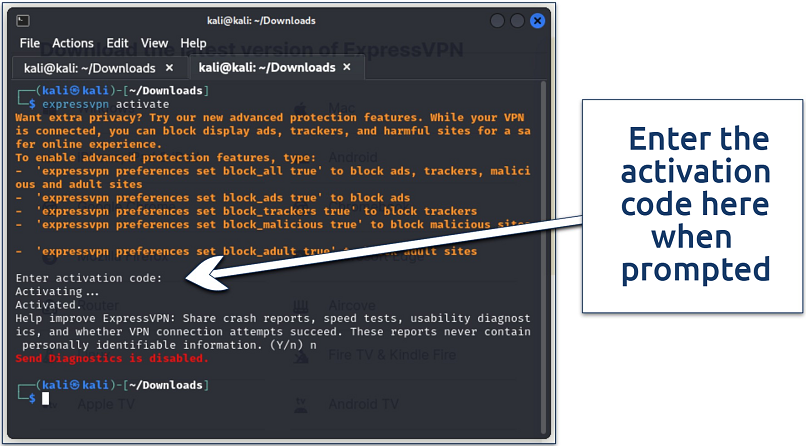 Screenshot of the activate ExpressVPN command and process executed on Linux