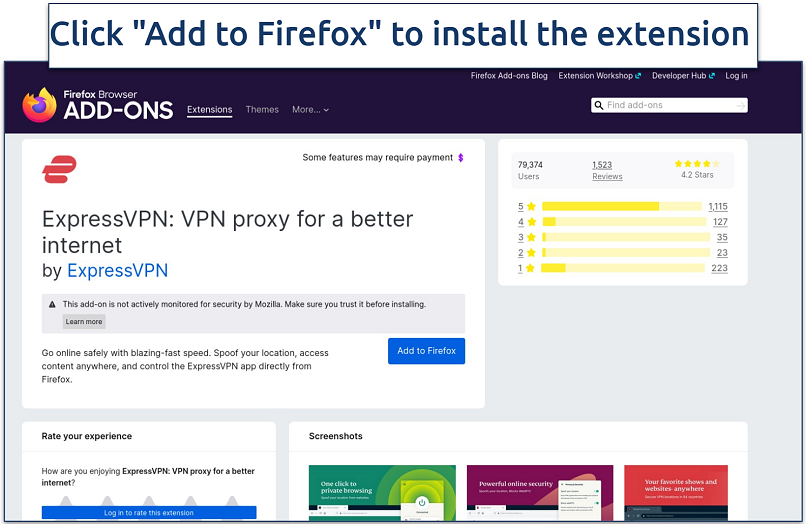 Screenshot of the install ExpressVPN extension page on the Firefox extensions store