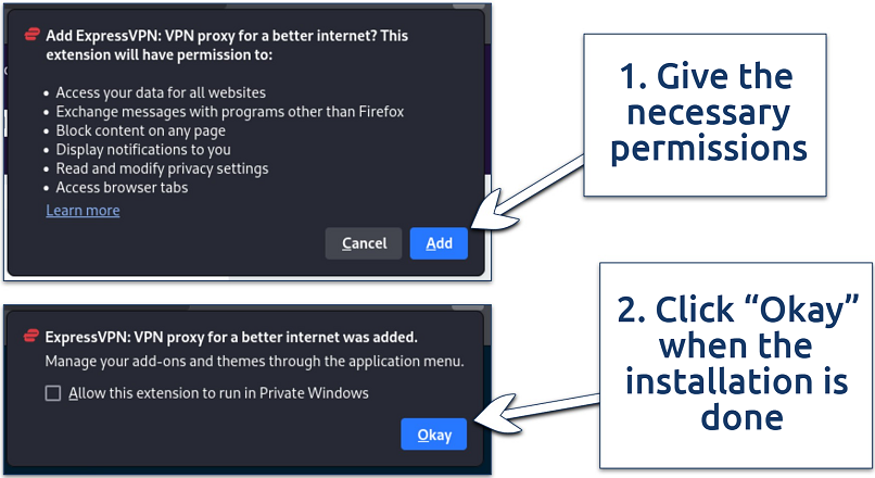 Screenshot of the pop confirmation boxes during the ExpressVPN Linux browser extension installation