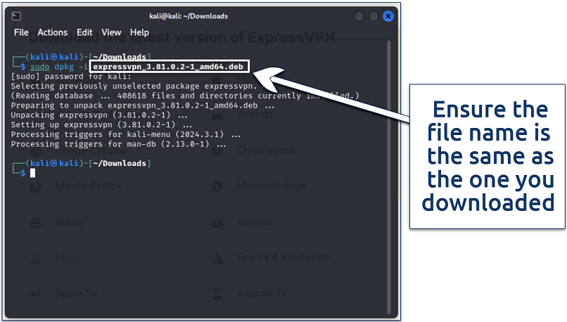 Screenshot of the install ExpressVPN command and process executed on Linux