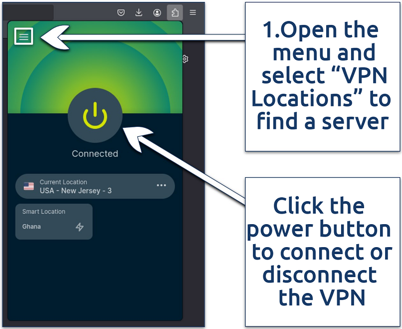 Screenshot of the ExpressVPN Firefox browser extension interface on Linux