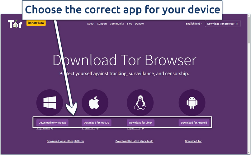 Screenshots of the Tor Browser download page on the website