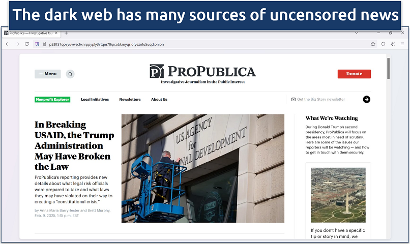 Screenshots of the ProPublica onion site on the Tor Browser