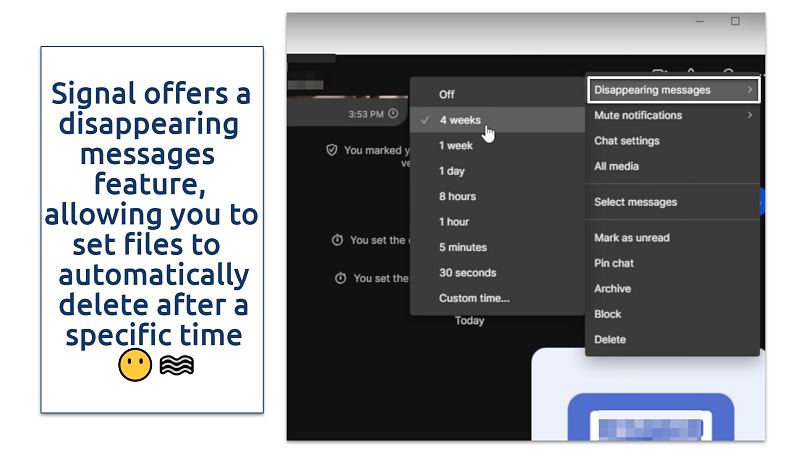 Screenshot showing Signal messenger app with disappearing messages.