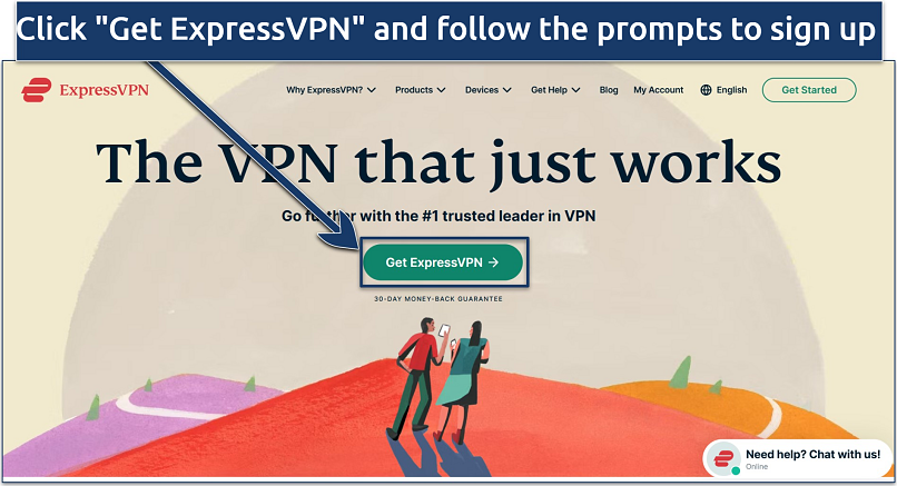 Screenshot of ExpressVPN's website landing page with Get ExpressVPN button in focus