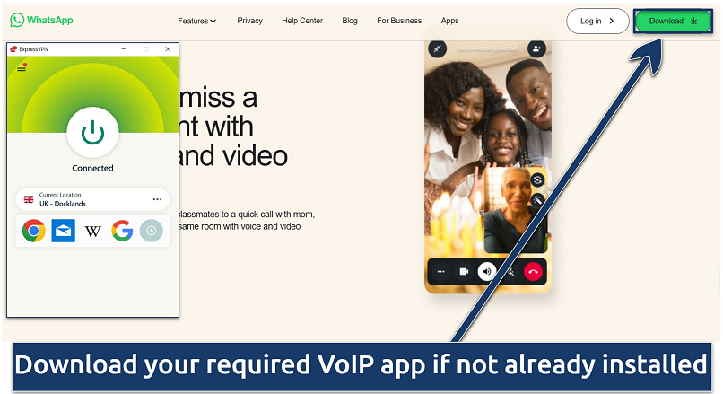 Image showing the download page of WhatsApp with ExpressVPN connected