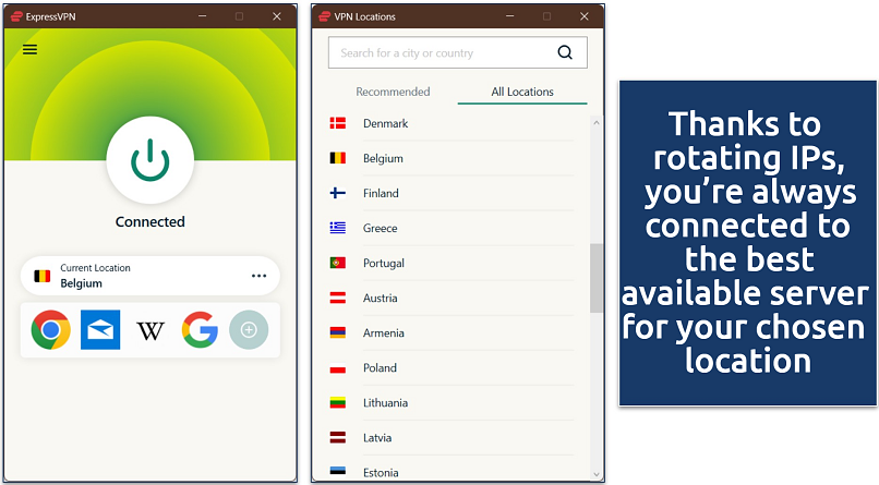 Screenshot of ExpressVPN Windows app connected to Belgium