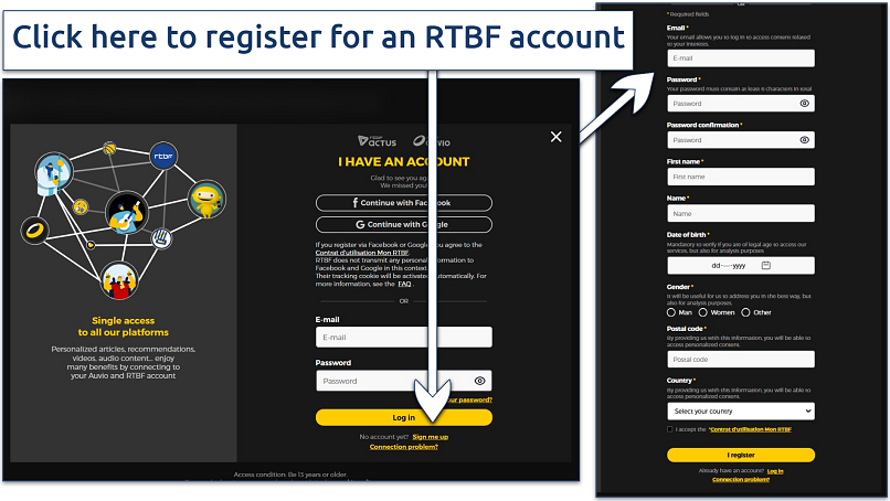 Screenshot of the RTBF account creation process