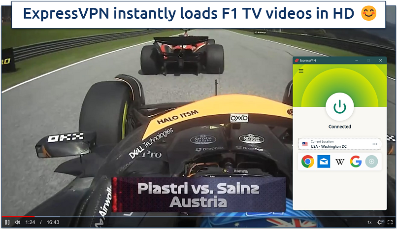 Screenshot of a video on F1 TV Pro with ExpressVPN connected to the US