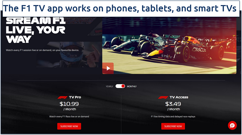 Screenshot of F1 TV monthly subscription options