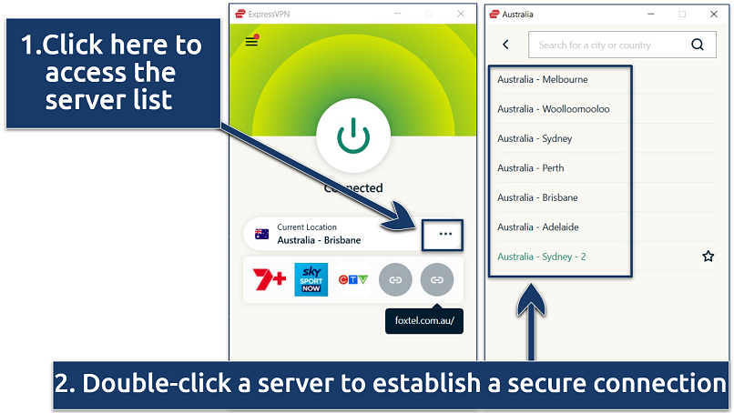 Screenshots showing how to navigate to the server list in ExpressVPN's Windows app app