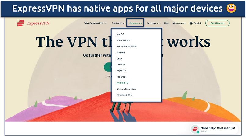 Screenshot of app download dropdown menu on ExpressVPN website