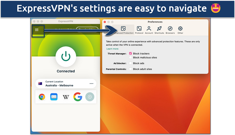 Screenshot of the Advanced Protection settings in the ExpressVPN app