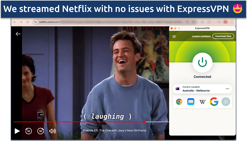 Screenshot of the show Friends streaming on Netflix with the ExpressVPN app in the background