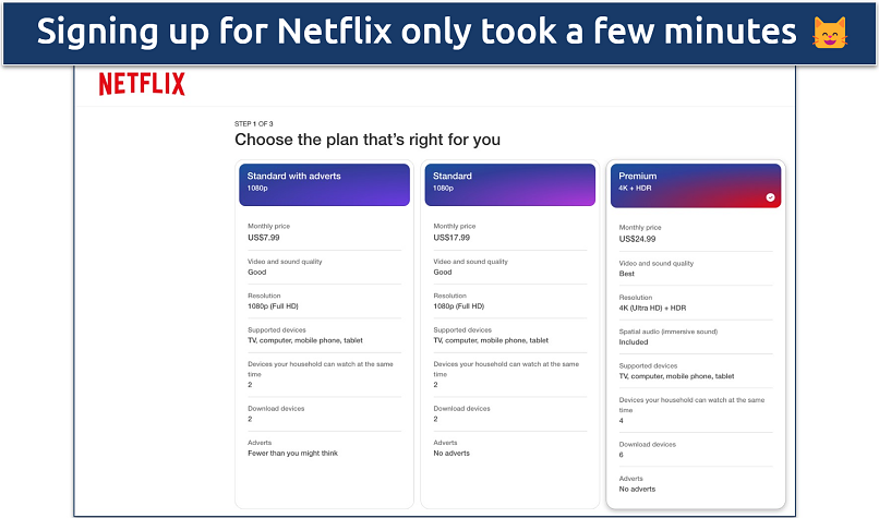 Screenshot of the Netflix plans page