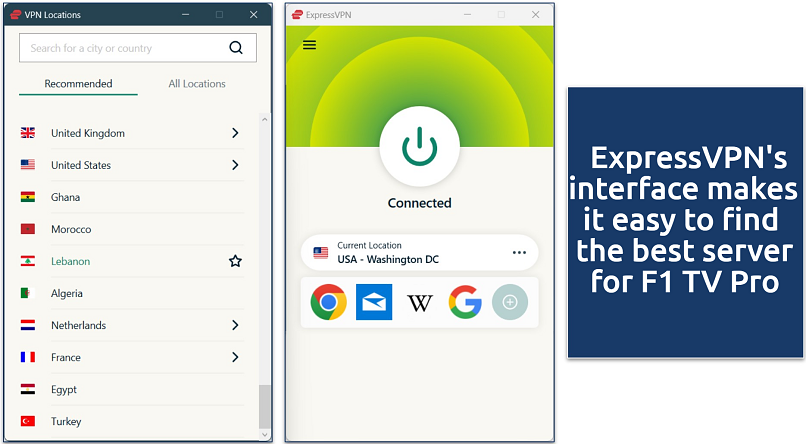 Screenshot of ExpressVPN's Windows app connected to a server in Washington, US