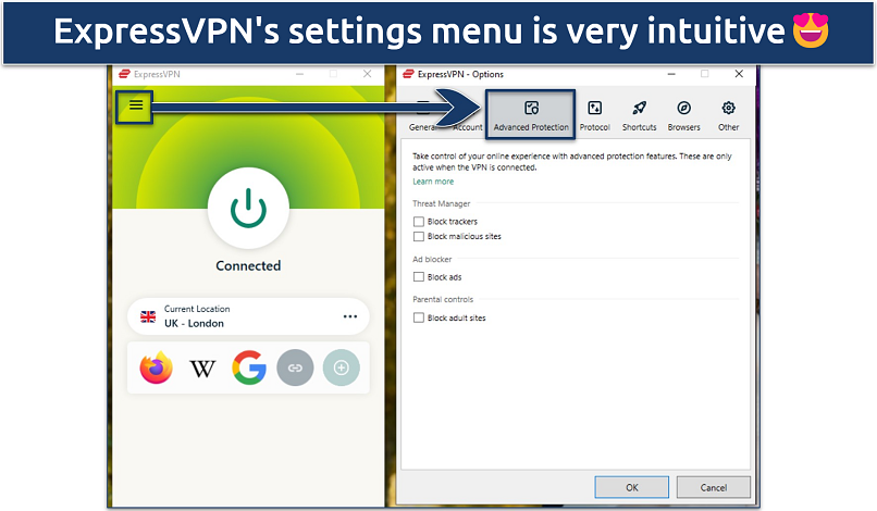 Screenshot of the Advanced Protection settings in the ExpressVPN app