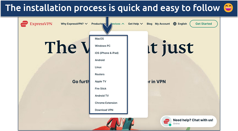 Screenshot of the compatible device list on the ExpressVPN landing page