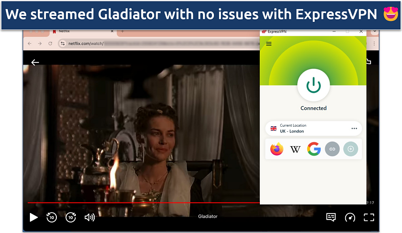 Screenshot of the movie Gladiator streaming on Netflix with the ExpressVPN app in the background