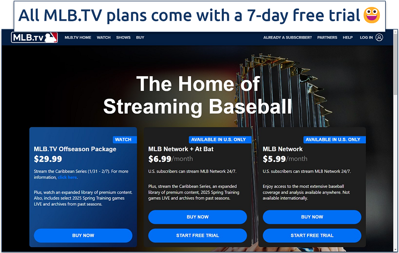 Screenshots of the MLB.tv pricing page with its available packages