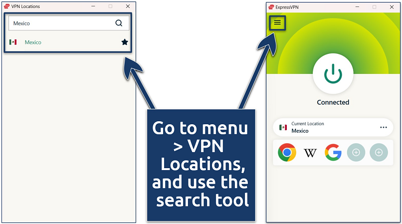 Screenshots of the ExpressVPN Windows app with a connection to the Mexico server