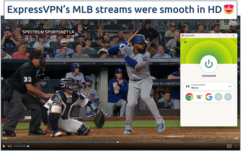 Screenshots of streaming MLB on MLB.tv while connected to ExpressVPN's Mexico server