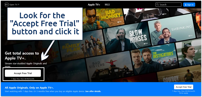 A screenshot of the Apple TV+ site offering a free trial 