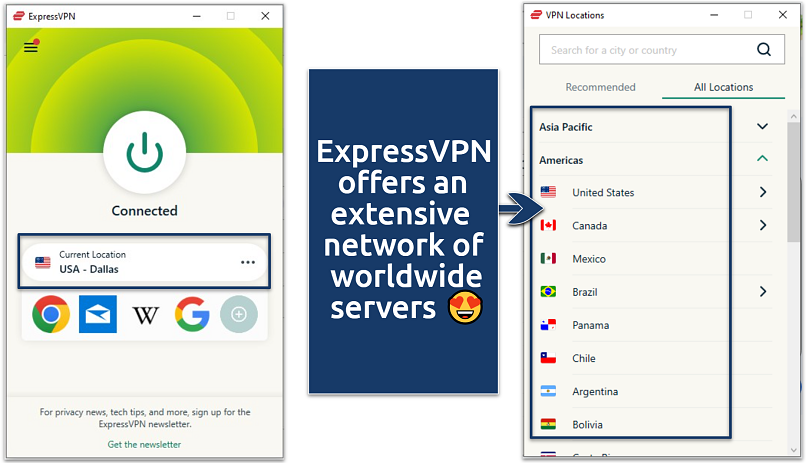 A screenshot of the ExpressVPN app connected to a US server