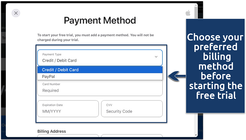 A screenshot of the Apple account payment setup form