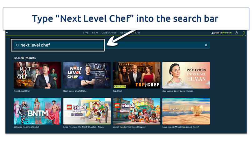 A screenshot showing ITVX's search feature