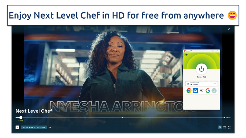 A screenshot showing Next Level Chef playing on ITVX using ExpressVPN