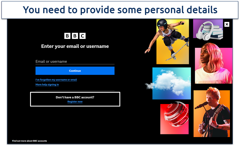 Screenshot of BBC's login page