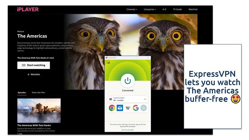 Screenshot of watching The Americas on BBC iPlayer with ExpressVPN connected