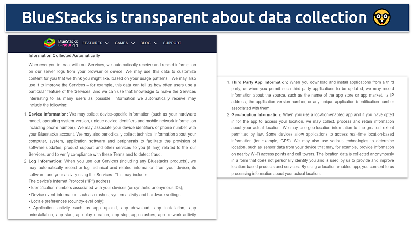 Screenshot showing the privacy policy of BlueStacks