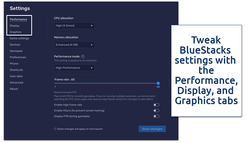 Screenshot showing BlueStacks app settings