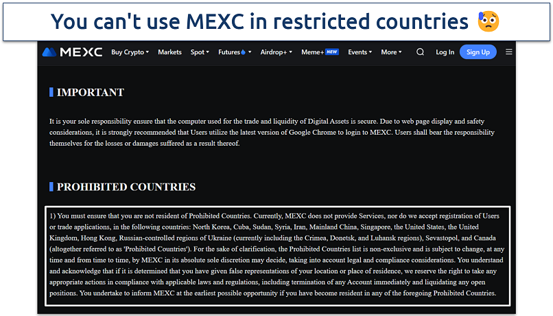 Screenshot showing MEXC policy with restricted locations