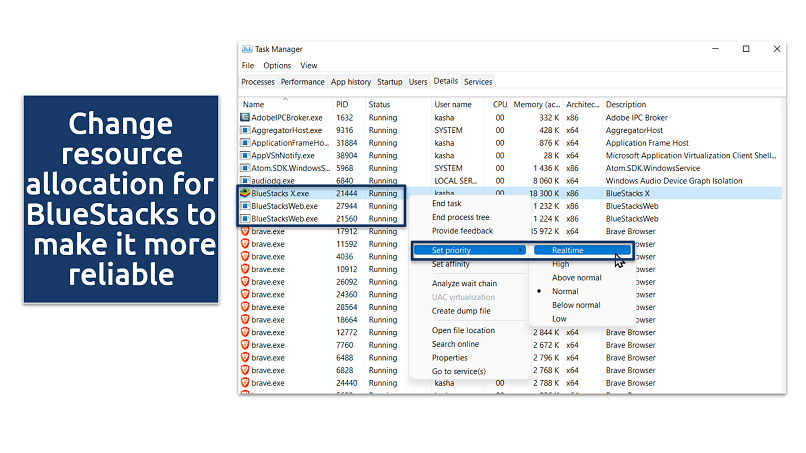 Screenshot showing BlueStacks in Windows task manager