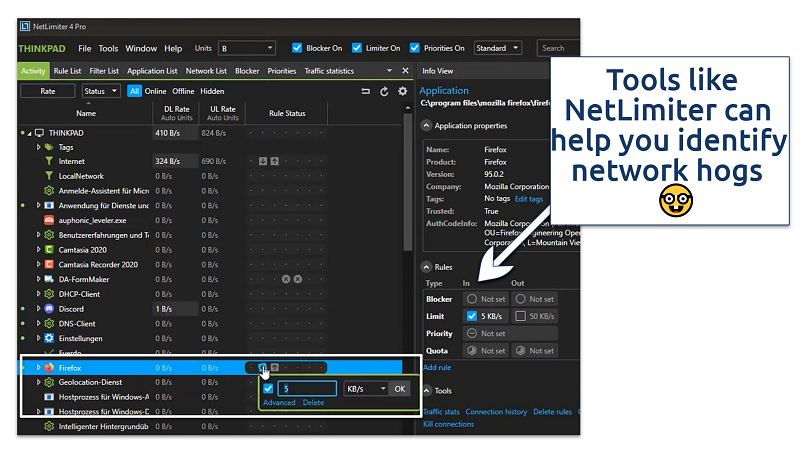 Screenshot showing NetLimiter bandwidth analyzer