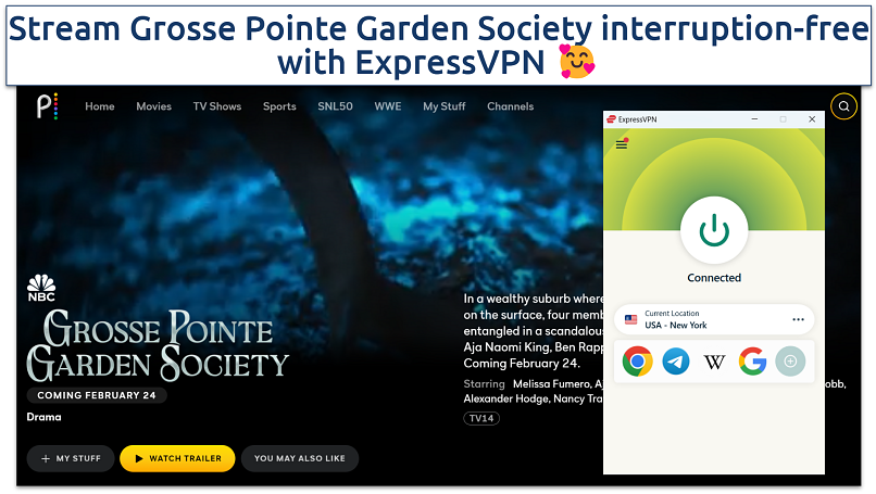 Screenshot showing Grosse Pointe Garden Society on Peacock with ExpressVPN