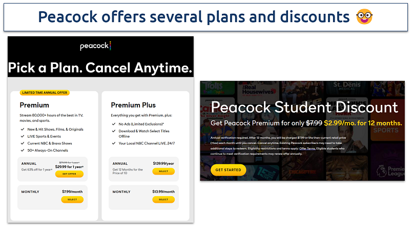  Screenshot showing the Peacock plans and discounts pages