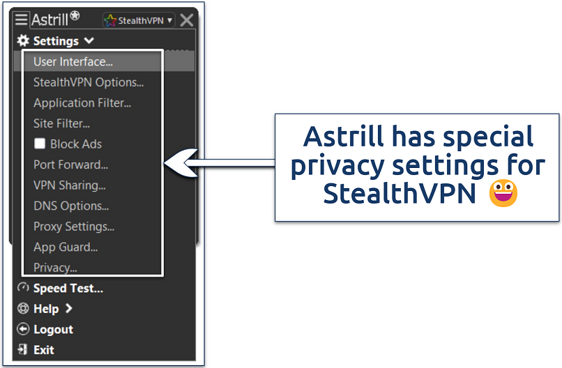 Screenshot of the Astrill VPN Windows app showing various privacy settings under StealthVPN