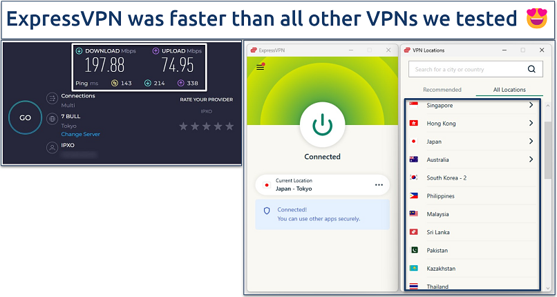 Screenshot of speed test results with ExpressVPN connected to Tokyo server and showing other servers near China