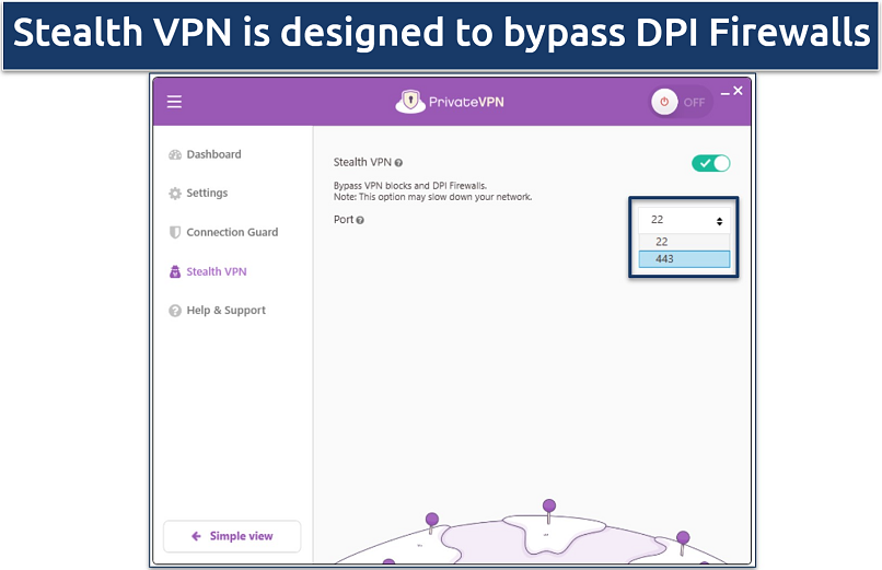 Screenshot of the PrivateVPN Windows app showing the Stealth VPN option
