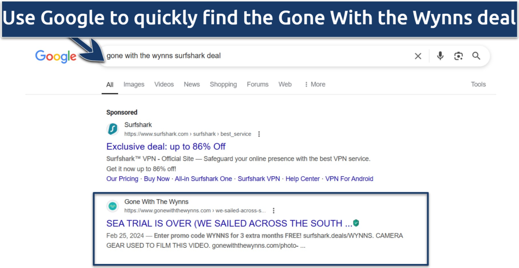 Screenshot showing Google search results for Gone With the Wynns Surfshark deal