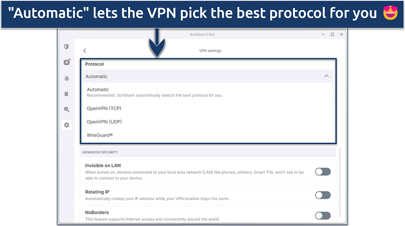 Screenshot showing Surfshark's VPN settings window