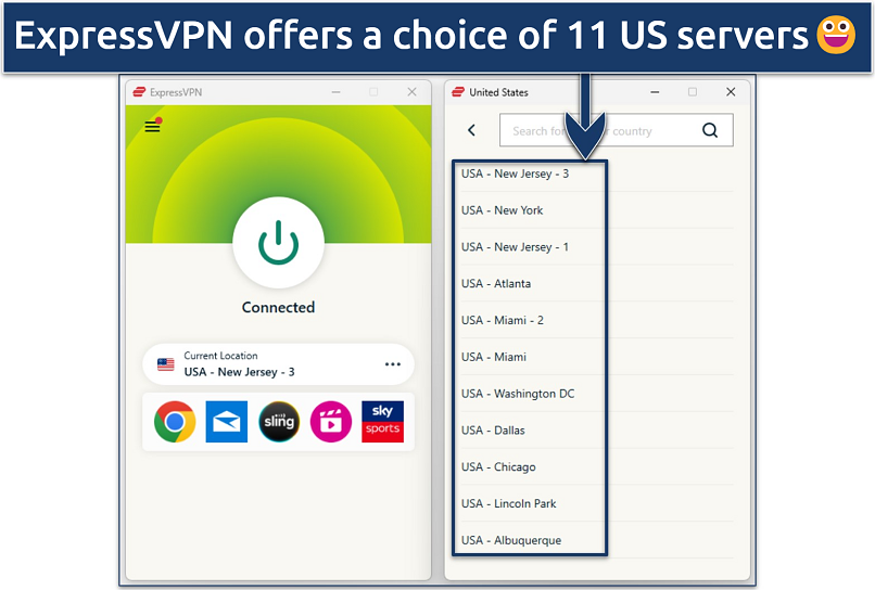 Screenshot of the ExpressVPN Windows app showing its US servers