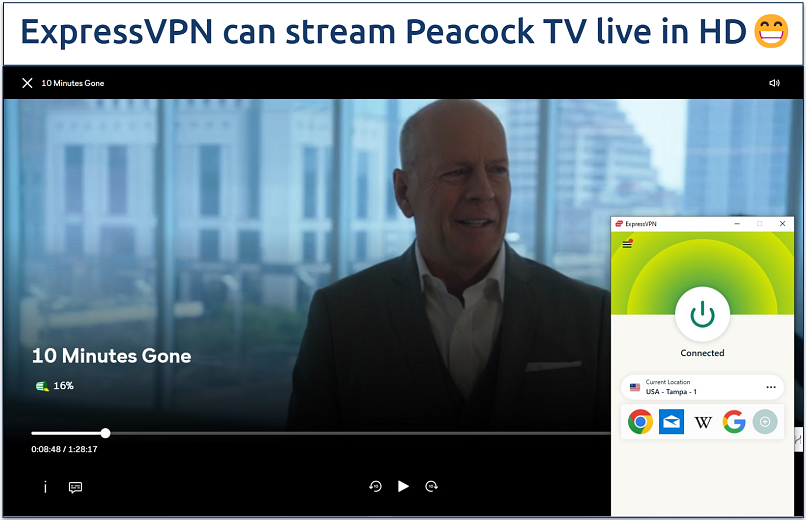 Screenshot showing a movie playing on Peacock TV with ExpressVPN connected to a US server