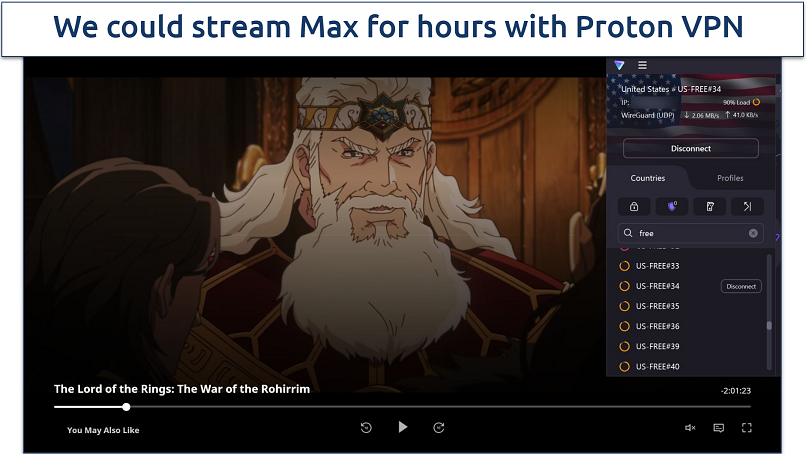 Screenshot of Max player streaming The Lord of the Rings: The War of the Rohirrim while connected to a free US Proton VPN server 