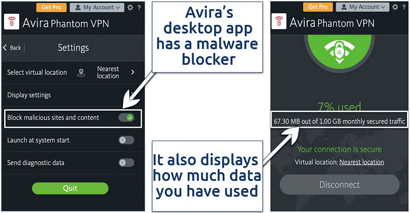 Screenshot showing settings and main app interface of Avira's Windows app